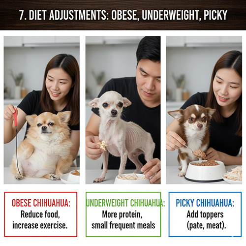 Điều chỉnh khẩu phần cho Chihuahua mập, gầy hoặc biếng ăn với hướng dẫn nhận biết và cách xử lý phù hợp