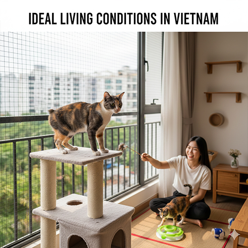 Mèo cộc đuôi Nhật Bản thư giãn tại khu vực cat tree bên cửa sổ chung cư có lưới an toàn
