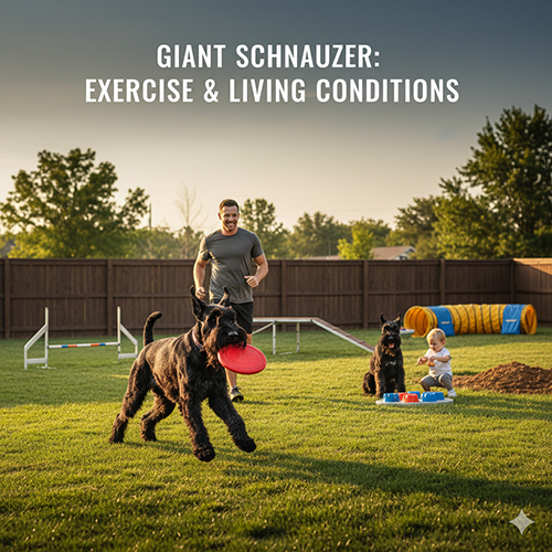 Giant Schnauzer vận động ngoài trời cùng gia đình trong sân vườn rộng, thể hiện nhu cầu chạy nhảy và không gian sống