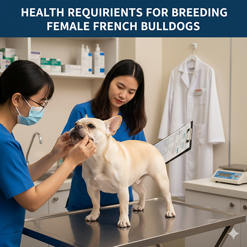 Bác sĩ thú y kiểm tra tổng quát một bé chó Bull Pháp cái để đánh giá sức khỏe trước khi phối giống.