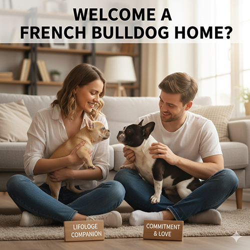 Gia dinh don Bull Phap ve nha: cap doi ngoi tren san choi voi cho French Bulldog trong phong khach