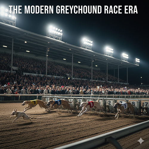 Đua chó Greyhound hiện đại với mồi giả và sân đua chuyên nghiệp