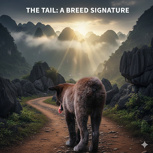 Ảnh chó Mông Cộc quay lưng lộ rõ đuôi cộc tự nhiên, đứng trên đường đá giữa núi rừng Tây Bắc.