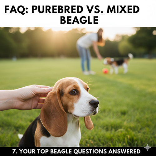 Hình ảnh minh họa phần FAQ về chó Beagle thuần chủng và Beagle lai với bối cảnh người chơi cùng Beagle ngoài trời