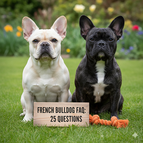 Ảnh đại diện FAQ Bull Pháp: 2 chó French Bulldog ngồi trên cỏ kèm bảng “French Bulldog FAQ: 25 Questions”