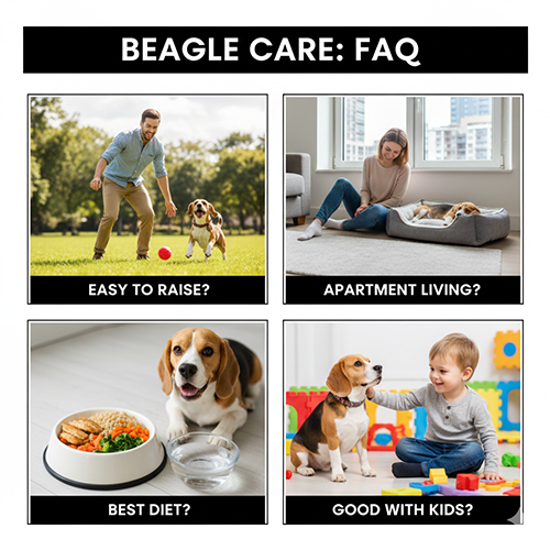 Các câu hỏi thường gặp khi nuôi chó Beagle như dễ nuôi không, sống căn hộ, ăn gì và có hợp với trẻ em