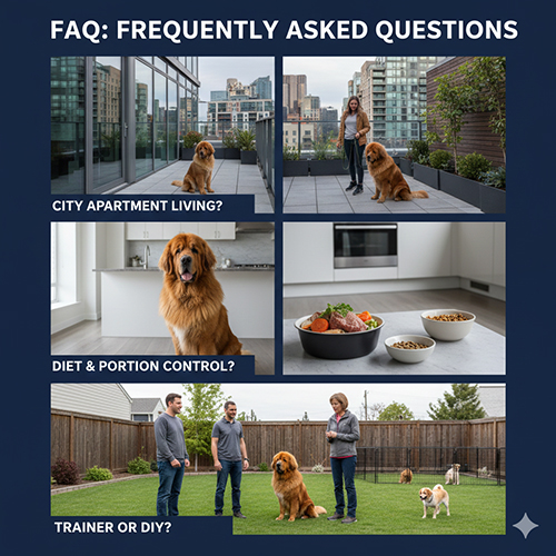 Hình minh hoạ các tình huống thường gặp khi nuôi chó Ngao Tây Tạng: nhà phố, ăn uống, huấn luyện