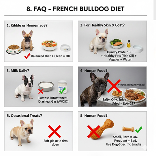 Hình FAQ về chế độ ăn Bull Pháp: hạt hay cơm, da lông, uống sữa, đồ ăn người và snack