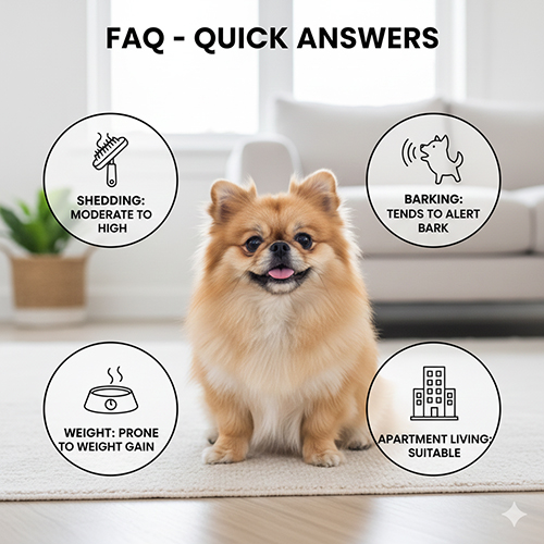 Chó Bắc Kinh lai Phốc Sóc ngồi trong nhà kèm các biểu tượng FAQ về rụng lông, sủa, cân nặng và nuôi căn hộ