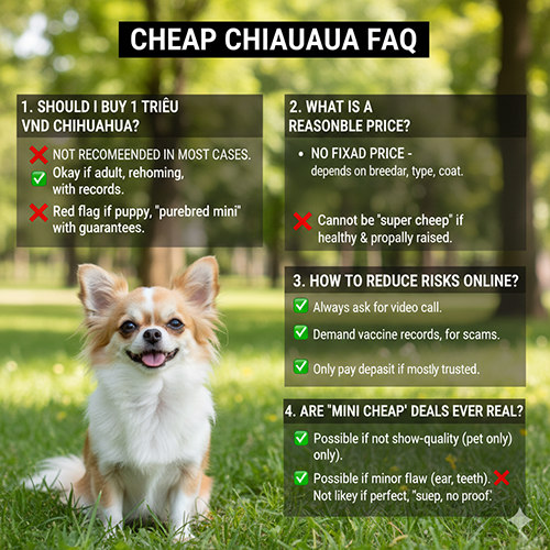 FAQ chó Chihuahua giá rẻ: có nên mua 1 triệu, giá hợp lý là bao nhiêu, cách giảm rủi ro khi mua online và trường hợp mini giá mềm nhưng minh bạch
