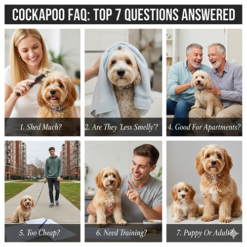 FAQ về chó Cocker lai Poodle Cockapoo với các câu hỏi thường gặp về rụng lông, mùi hôi, chung cư và huấn luyện