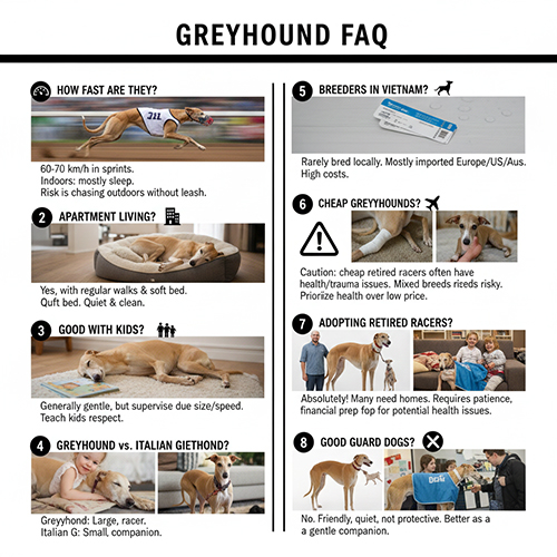 FAQ chó Greyhound với các câu hỏi phổ biến về tốc độ, nuôi căn hộ, trẻ em và giá bán