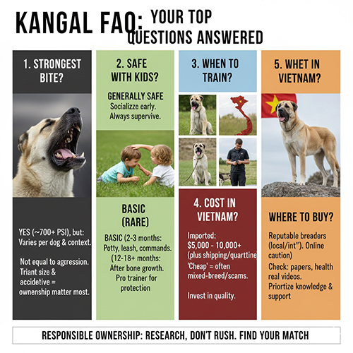 Hình tổng hợp FAQ về chó Kangal: lực cắn, an toàn với trẻ, tuổi huấn luyện, giá và nơi mua uy tín