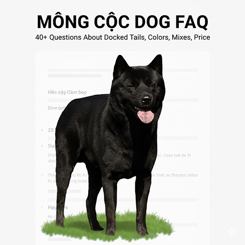 chó Mông Cộc đen đứng trên bãi cỏ làm ảnh đại diện cho bài FAQ về đuôi cộc, màu sắc, lai và giá