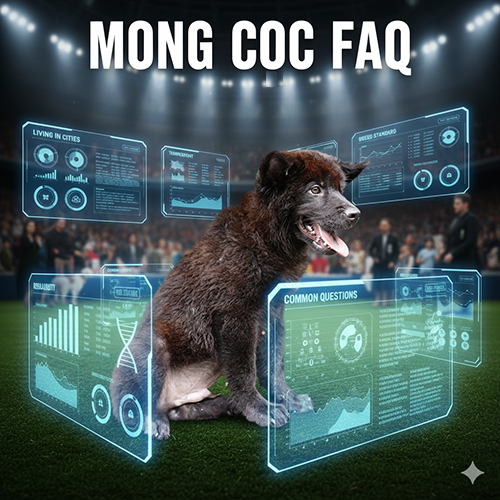 Ảnh chó Mông Cộc con trong sân show, xung quanh là các bảng câu hỏi thường gặp dạng hologram.