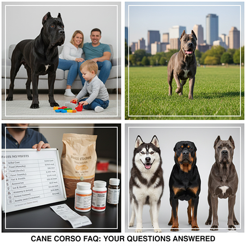 FAQ chó Ngao Ý Cane Corso về gia đình, vận động, chi phí nuôi và so sánh giống