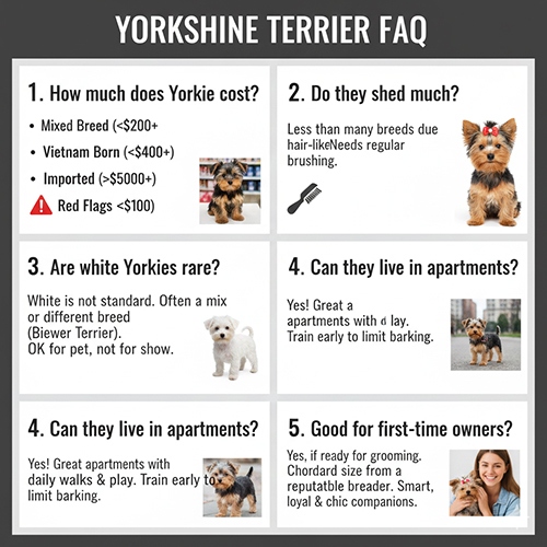 Ảnh minh họa FAQ chó Yorkshire Terrier: giá, rụng lông, màu trắng, nuôi chung cư và lời khuyên cho người mới.