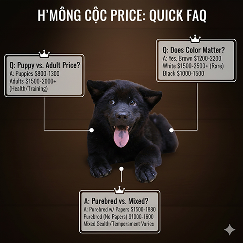 FAQ nhanh về giá chó Mông Cộc với các câu hỏi phổ biến và mức giá tham khảo, minh họa bằng hình một bé Mông Cộc đen con nằm nhìn thẳng vào camera.