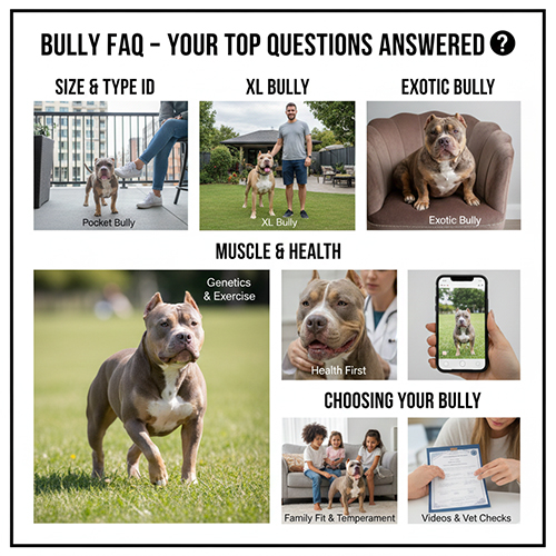 Hình ảnh FAQ chó Bully minh họa cách phân biệt Pocket Bully, XL Bully, Exotic Bully, cơ bắp, sức khỏe và lựa chọn phù hợp