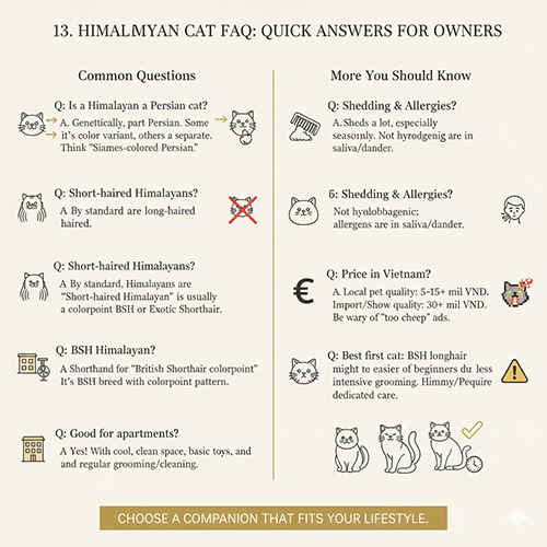 FAQ hỏi đáp nhanh về mèo Himalaya gồm nguồn gốc, lông, giá và khả năng nuôi trong căn hộ