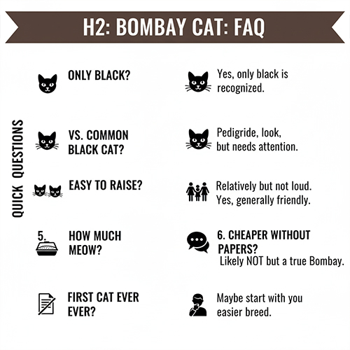 Infographic hỏi đáp nhanh về mèo Bombay với các câu hỏi phổ biến như màu lông, tính cách và giá