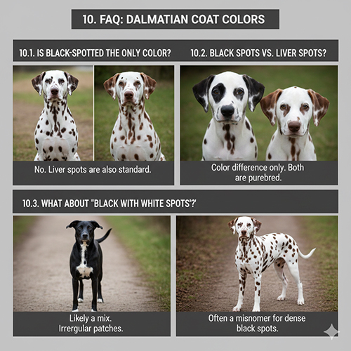 Bộ ảnh so sánh các kiểu màu lông Dalmatian: đốm đen, đốm nâu, chó đen vá trắng và Dalmatian đốm dày