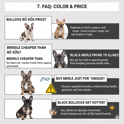 FAQ màu lông & giá Bull Pháp: bò sữa giá bao nhiêu, vện có rẻ hơn không, blue–merle có dễ bệnh, có nên mua merle, chó đen có nóng hơn?