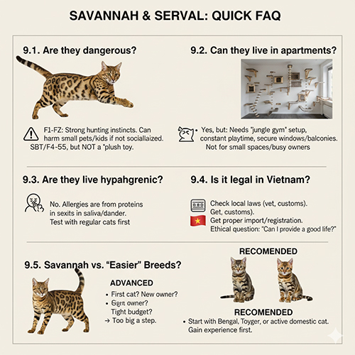 Câu hỏi thường gặp về mèo Savannah và mèo Serval, tính cách và khả năng nuôi