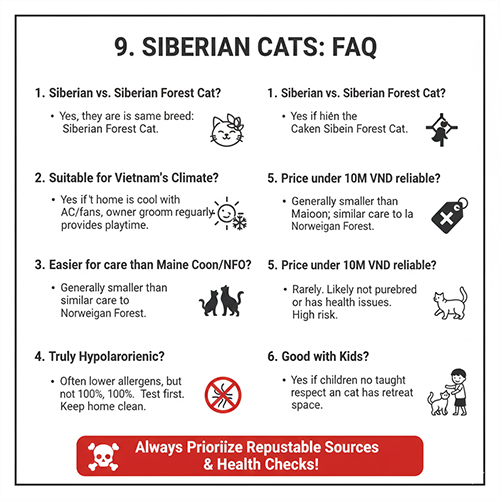 Bảng câu hỏi thường gặp về mèo Siberian gồm nguồn gốc, khả năng nuôi tại Việt Nam, dị ứng, giá bán và tính cách