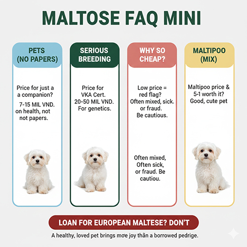 FAQ mini về giá chó Maltese: nuôi chơi, làm giống VKA, vì sao quá rẻ và giá Maltipoo lai Poodle