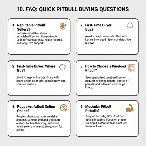 Bảng FAQ giải đáp nhanh các câu hỏi phổ biến khi mua bán chó Pitbull, từ nơi uy tín đến phân biệt thuần chủng và cảnh giác giá rẻ.