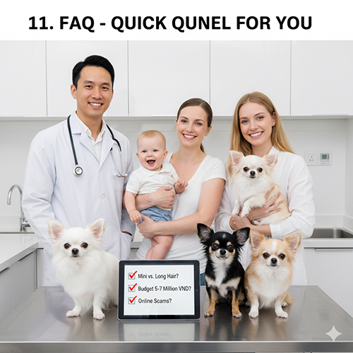 Ảnh bác sĩ thú y và gia đình đứng cạnh đàn Chihuahua để giải đáp câu hỏi thường gặp.