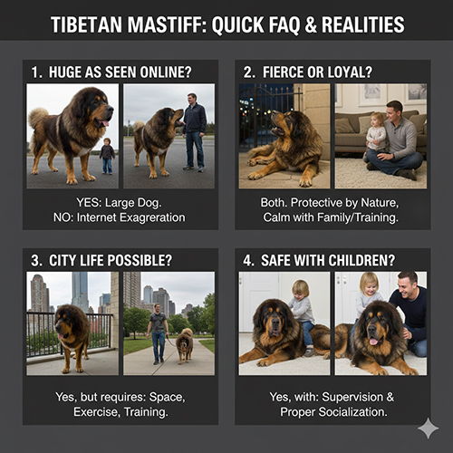 FAQ nhanh về chó Ngao Tây Tạng xoay quanh kích thước, tính cách, khả năng nuôi trong thành phố và mức độ an toàn với trẻ em