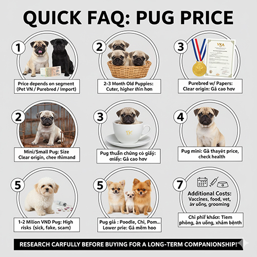 Infographic FAQ nhanh về giá chó Pug mặt xệ với 7 ô minh họa các câu hỏi phổ biến