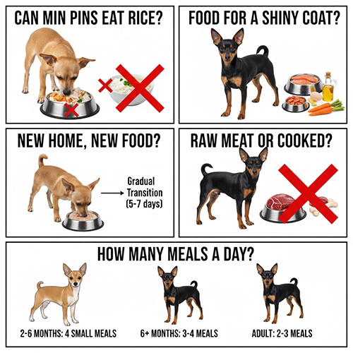 FAQ nhanh về chế độ ăn của chó Phốc hươu: ăn cơm, làm mượt lông, đổi môi trường, thịt sống và số bữa mỗi ngày.