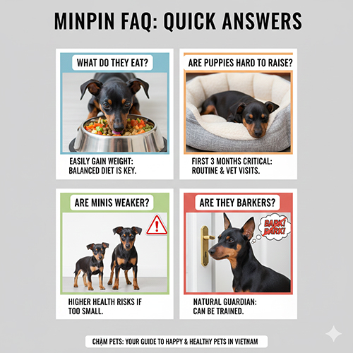 Bộ ảnh FAQ nhanh về Phốc hươu: ăn gì, chăm chó con, phốc hươu mini có yếu không và có hay sủa không – minh họa bằng hình trực quan.