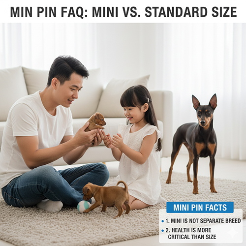 Một gia đình đang chơi với chó Phốc hươu con và một bé Phốc hươu trưởng thành đứng cạnh, minh họa các câu hỏi thường gặp về mini vs. size chuẩn.