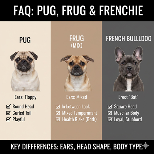 Infographic FAQ so sánh Pug, Frug (Pug lai Bull Pháp) và Bull Pháp với checklist khác biệt chính về tai, hình dáng đầu và kiểu thân.