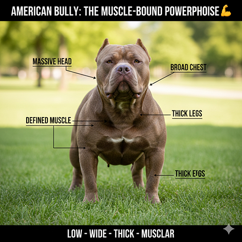 Đặc điểm form chung của American Bully: thấp, rộng, dày và cơ bắp