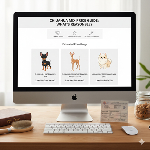 Ảnh minh họa bảng giá các kiểu Chihuahua lai Phốc, Phốc Hươu và Phốc Sóc trên màn hình máy tính – thể hiện mức giá tham khảo theo từng nhóm lai.