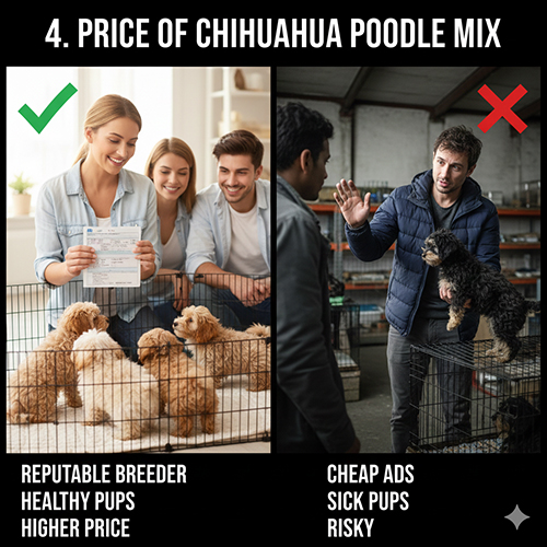 Hai khung ảnh đối lập: bên trái là cơ sở uy tín với đàn Chihuahua lai Poodle khỏe mạnh và giấy tờ rõ ràng, bên phải là cảnh mua bán giá rẻ trong môi trường tối tăm đầy rủi ro.