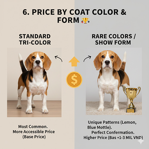 Giá chó Beagle theo màu lông và form, so sánh giữa màu tam thể và màu hiếm