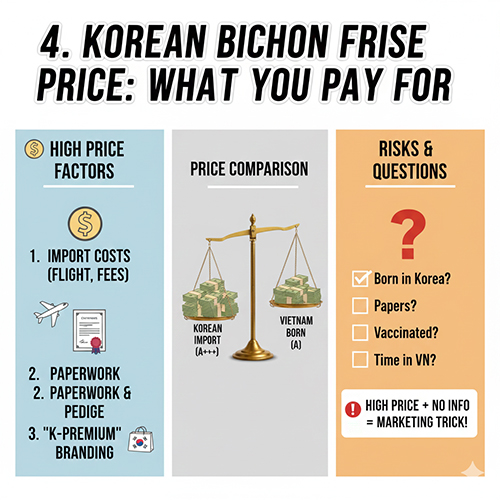 Infographic giải thích vì sao chó Bichon Hàn Quốc có giá cao: chi phí nhập khẩu, giấy tờ, branding Hàn và so sánh với Bichon sinh trong nước