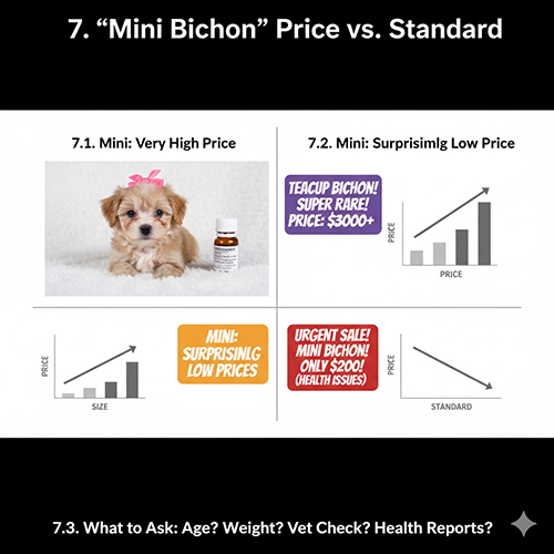 So sánh giá chó Bichon mini và Bichon tiêu chuẩn, minh họa tình huống giá rất cao hoặc giá rẻ bất thường