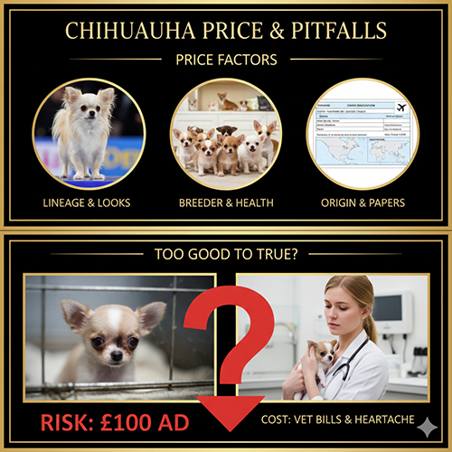 Giá chó Chihuahua và các rủi ro khi mua giá rẻ, minh họa bằng hình yếu tố ảnh hưởng giá và cảnh báo mua chó giá thấp