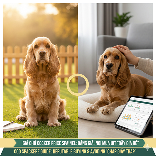 Giá chó Cocker Spaniel, hình ảnh chó Cocker Spaniel trong nhà và ngoài vườn, minh họa bảng giá và tư vấn mua uy tín