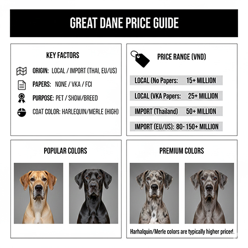 Bảng giá chó Great Dane tại Việt Nam theo nguồn gốc, giấy tờ và màu sắc