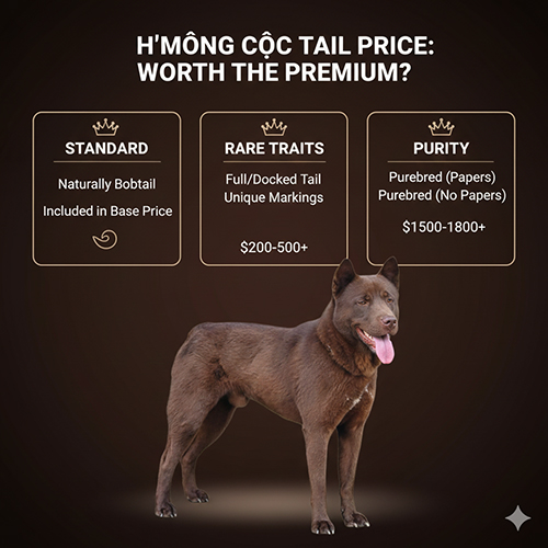 Bảng giá chó H’Mông cộc đuôi và các yếu tố khiến mức giá thay đổi, minh họa bằng hình một bé Mông Cộc nâu đỏ với đuôi cộc tự nhiên.
