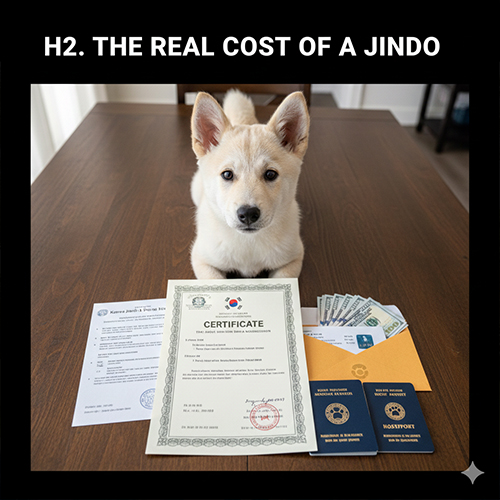 Chó Jindo Hàn Quốc ngồi cạnh giấy chứng nhận, hộ chiếu và tiền, thể hiện giá trị cao