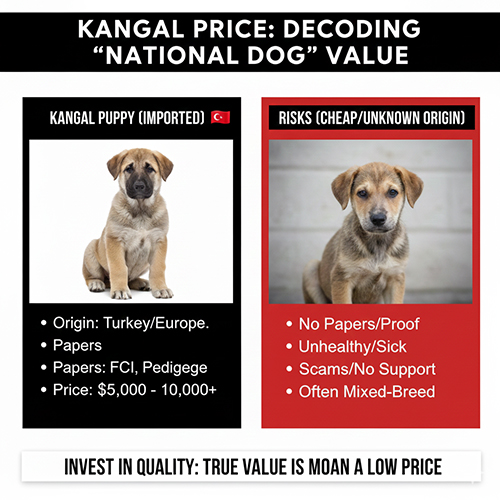 Hình minh họa sự khác biệt giữa chó Kangal nhập khẩu có giấy tờ và chó giá rẻ không rõ nguồn gốc